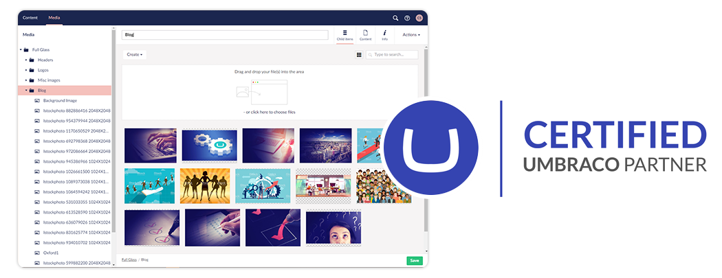 Certified Umbraco Partner interface with media library showing various images on a computer screen.
