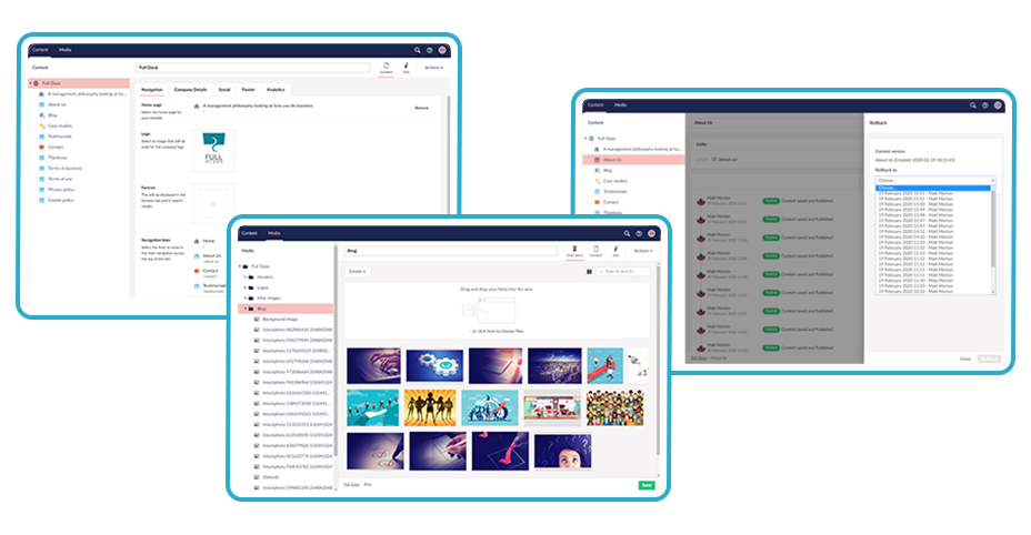 mbraco CMS interface screenshots showcasing content management, media library, and version control.