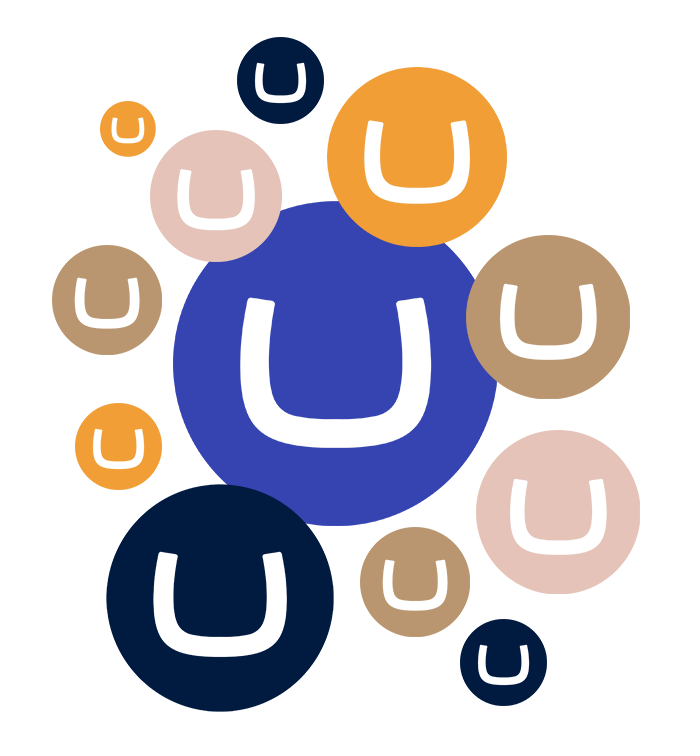 Multiple Umbraco logos in various sizes and colours, symbolising community and scalability.