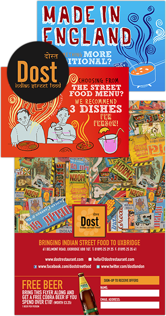 Colourful promotional flyer for Dost Indian Street Food, highlighting their recommendations with vibrant illustrations and a free beer promotion.