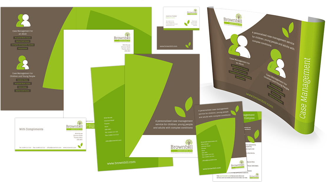 Green and brown branded stationery for Brownbill Associates Ltd., featuring business cards, folders, letterheads, and a promotional stand.