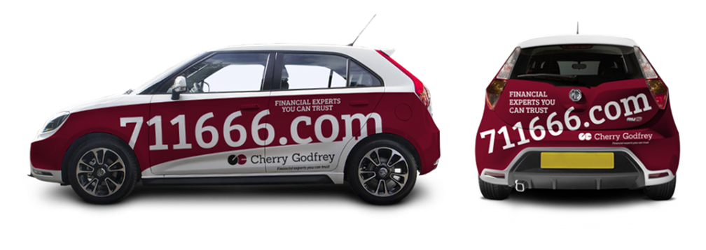 Car wrap for Cherry Godfrey financial services, featuring the website 711666