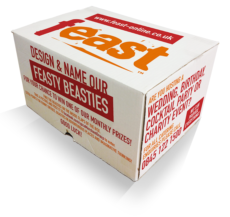 Feast promotional box inviting customers to design and name 'Feasty Beasties'