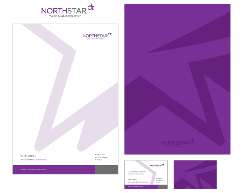 Purple and white branded stationery for NorthStar Case Management, featuring letterheads, folders, business cards, and a logo.