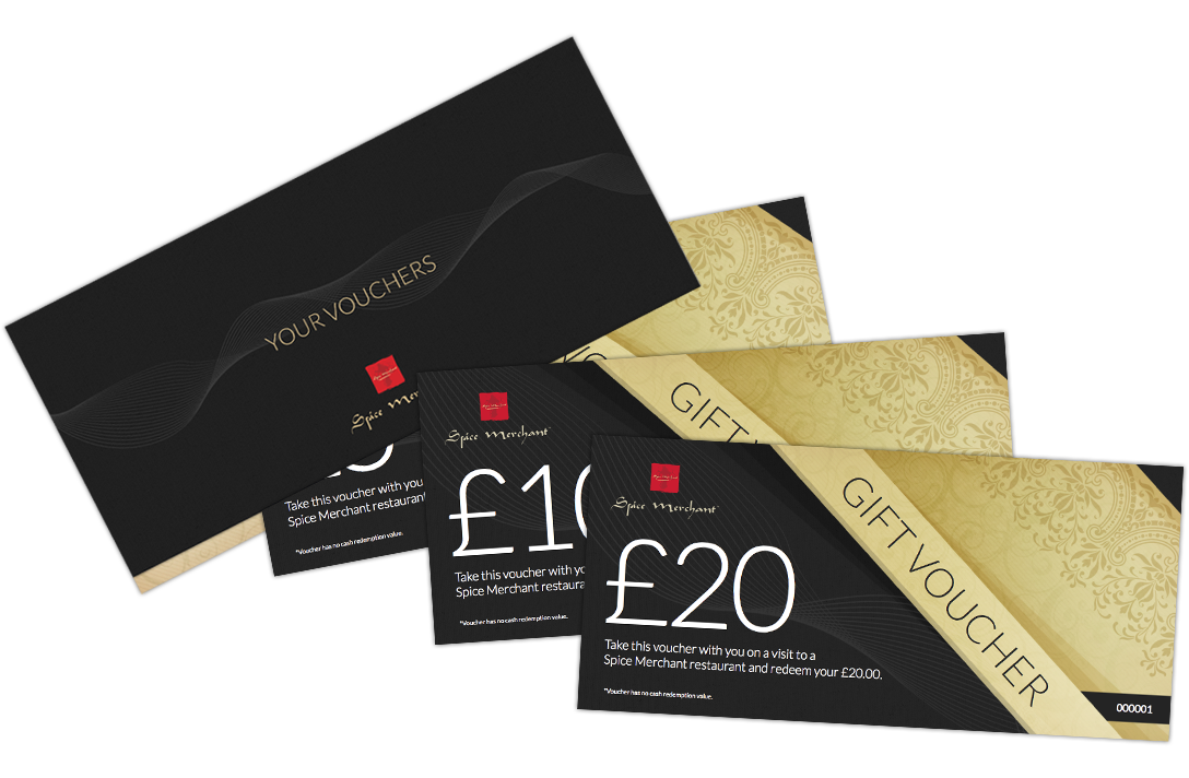 Elegant gift vouchers for Spice Merchant restaurant in black and gold, displaying denominations of £10 and £20.