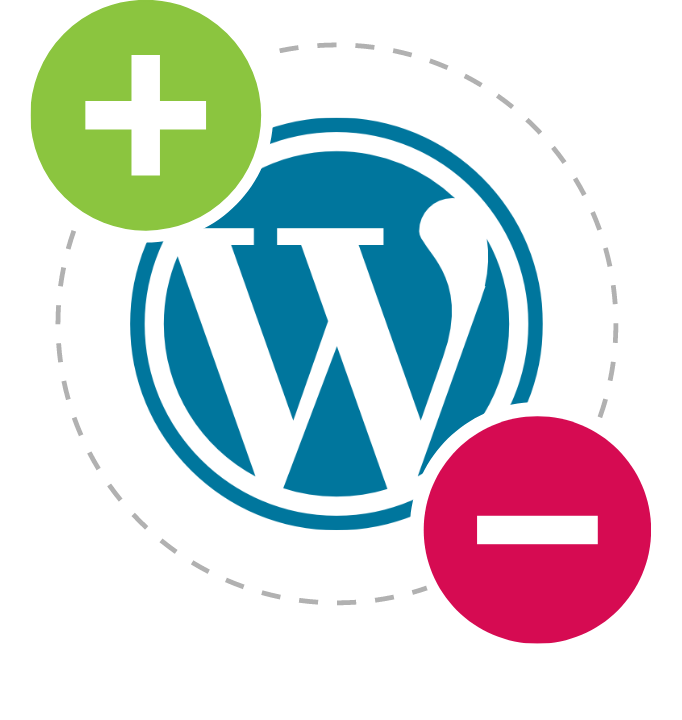 WordPress logo with plus and minus icons representing pros and cons