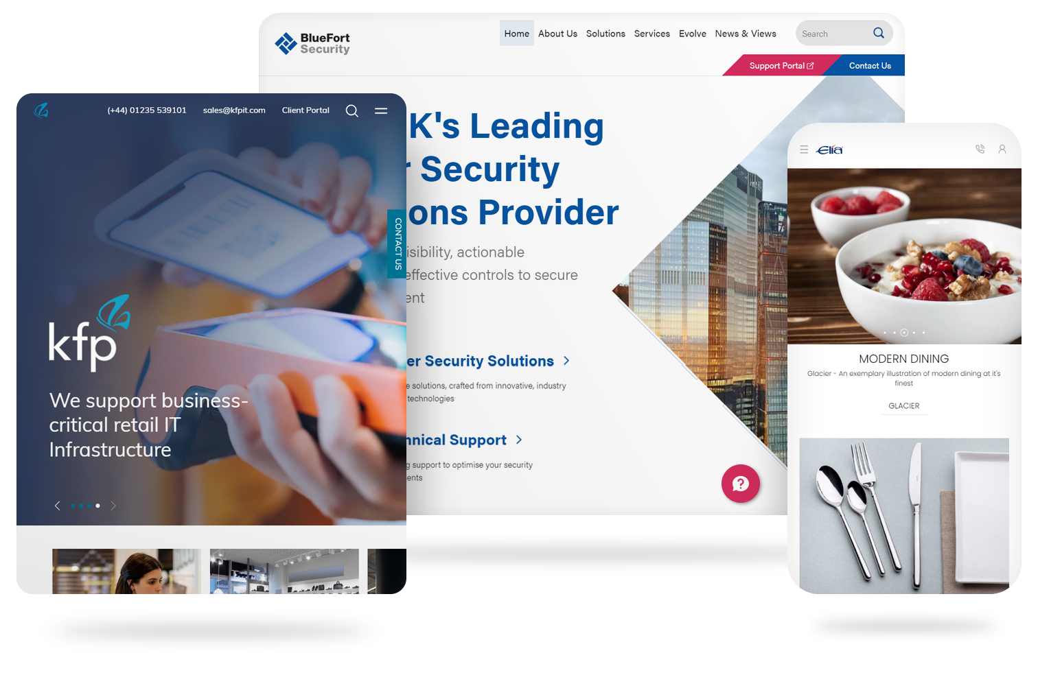 Collection of digital screens showing a business website pages in development.
