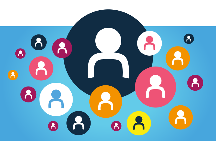 Illustration of multiple user icons in colourful circles connected on a blue background.