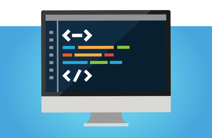 Illustration of a computer monitor displaying colourful code lines with HTML brackets.